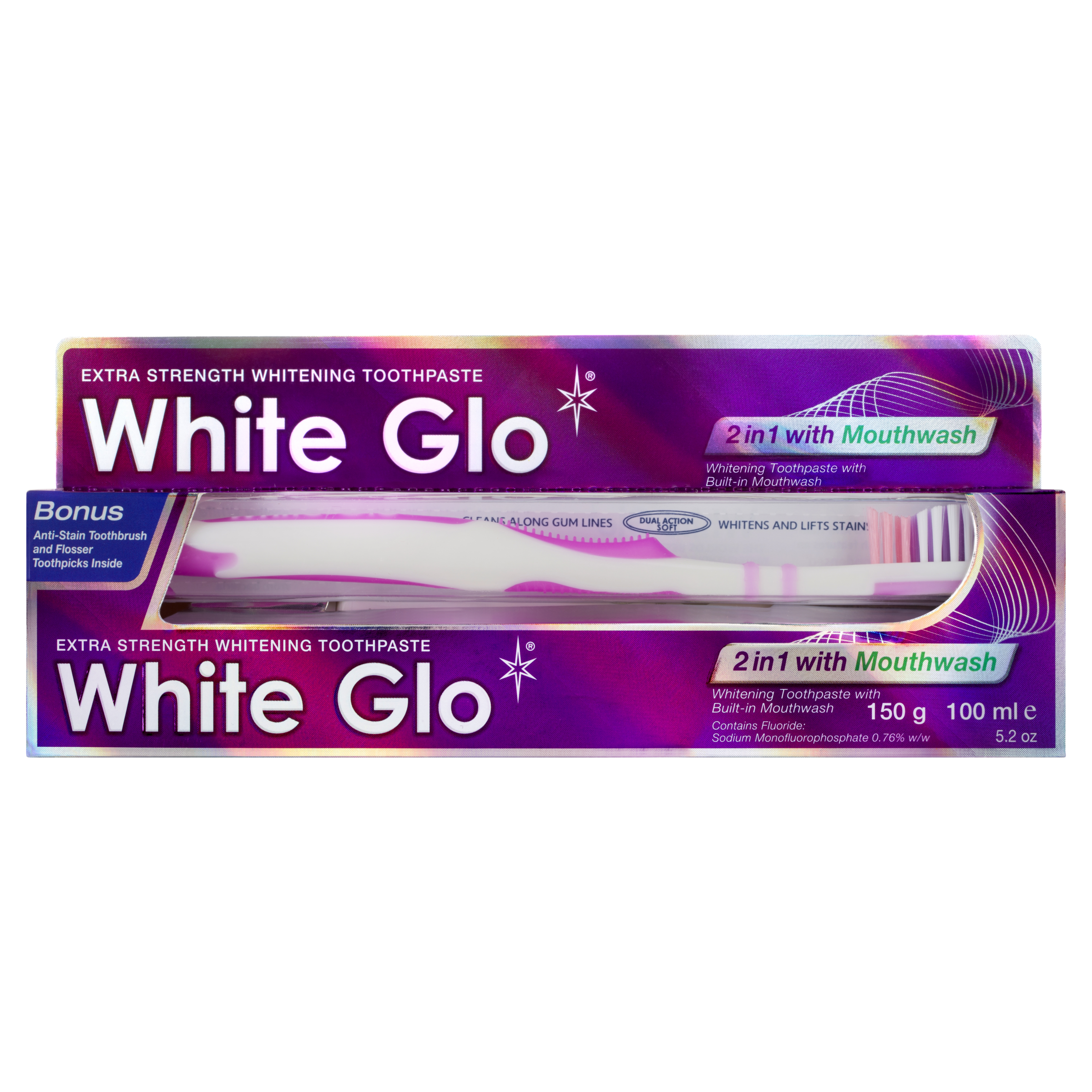 White Glo 2 in 1 With Mouthwash Extra Strength Whitening Toothpaste + Toothbrush