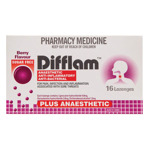 Difflam Plus Anaesthetic Sugar Free Berry Lozenges 16s