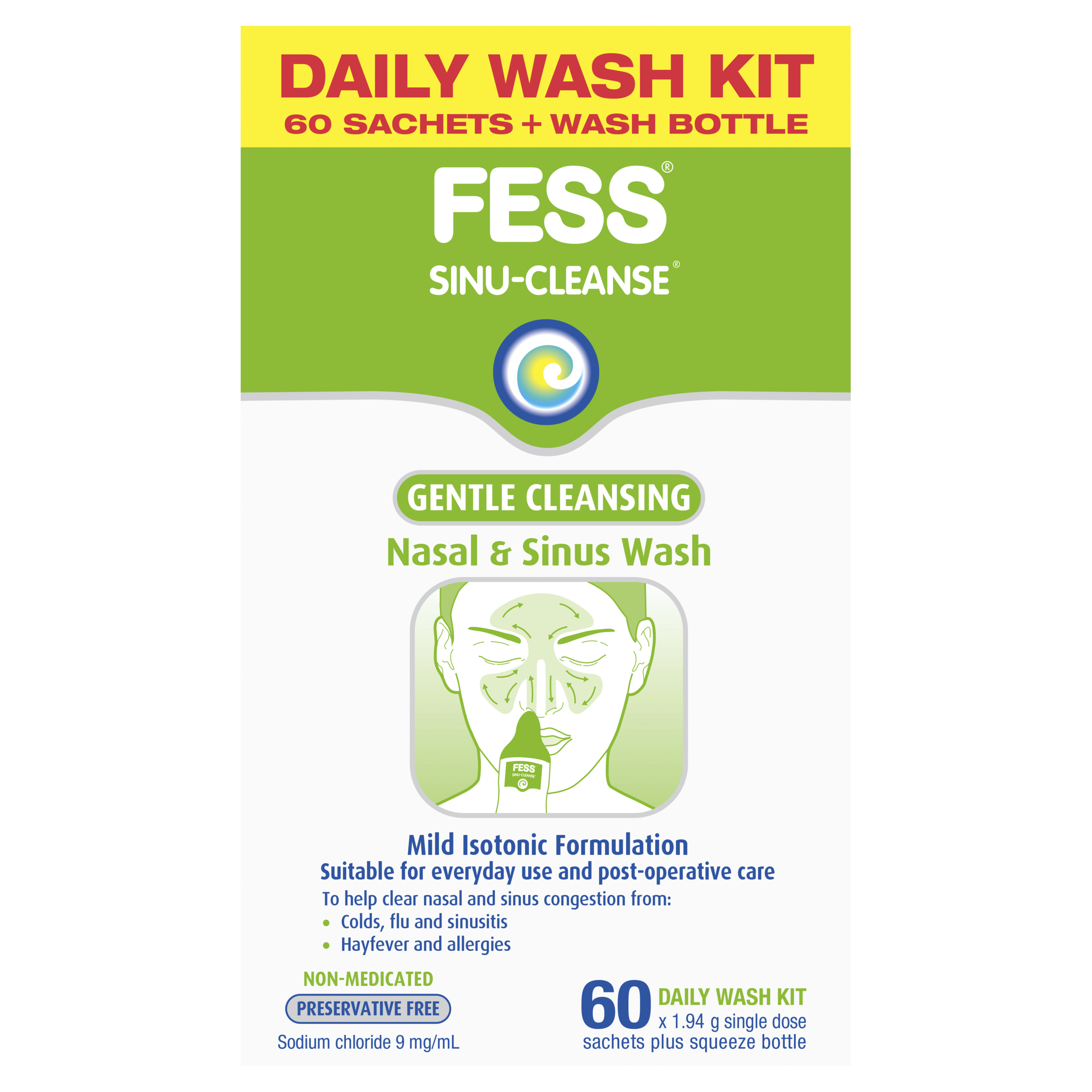 FESS Sinu-Cleanse Gentle Cleansing Daily Wash Kit 60 Pack