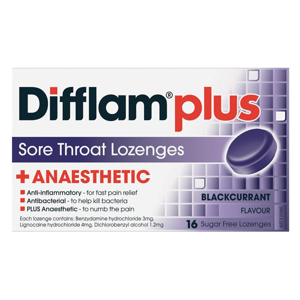 Difflam Plus Anaesthetic Lozenges Blackcurrant 16s
